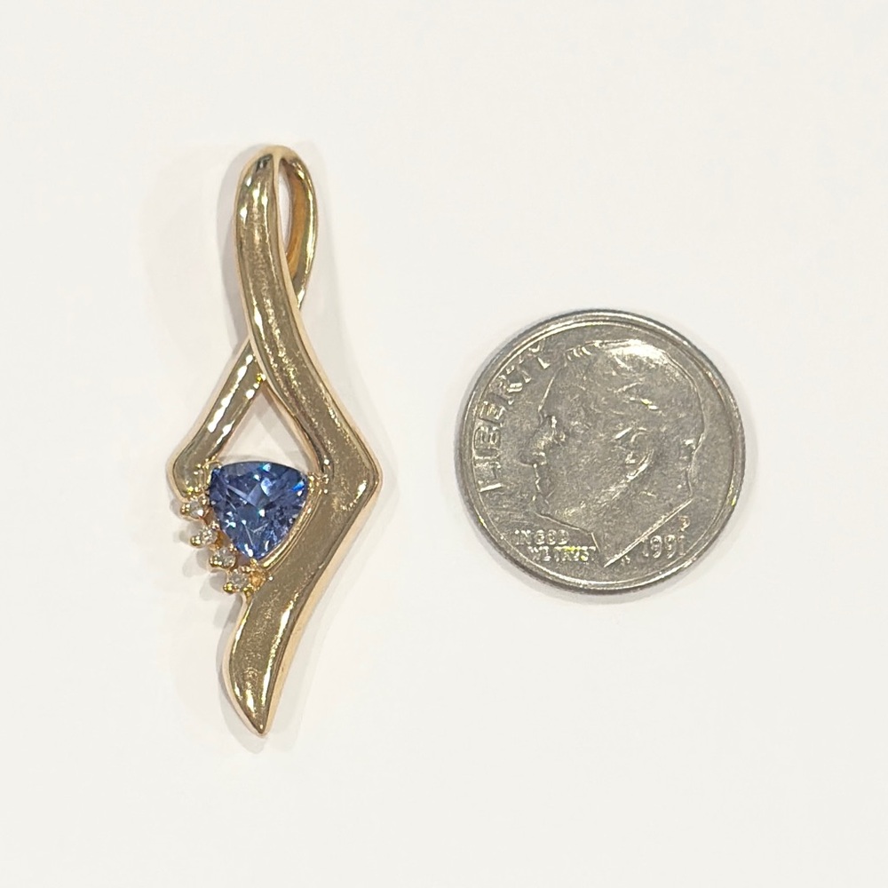 10K Sapphire Diamond Pendant, Yellow Gold, Deep Blue Trillion, Filigree Luxury - Picture 14 of 15